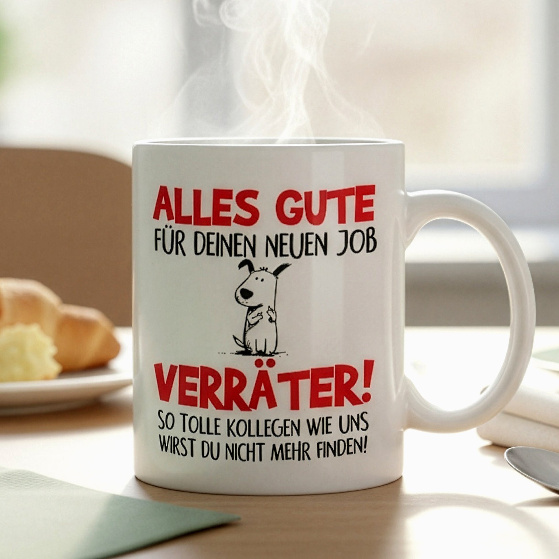 Abschiedstasse für Kollegen mit humorvollem Text