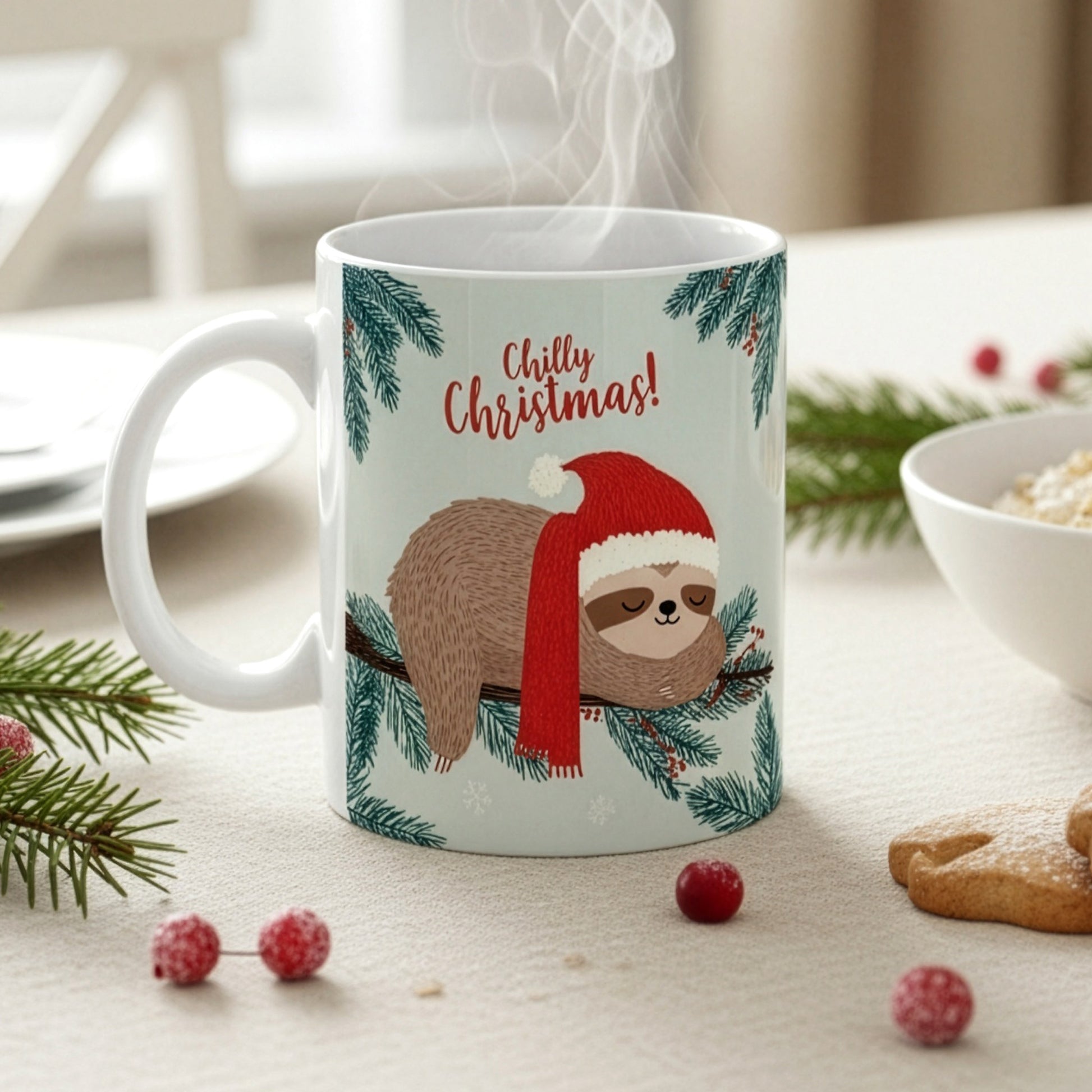 Dampfende Weihnachtstasse mit Faultiermotiv und Spruch „Chilly Christmas!“ auf festlich gedecktem Tisch mit Tannenzweigen, Beeren und Gebäck – Vorderansicht.