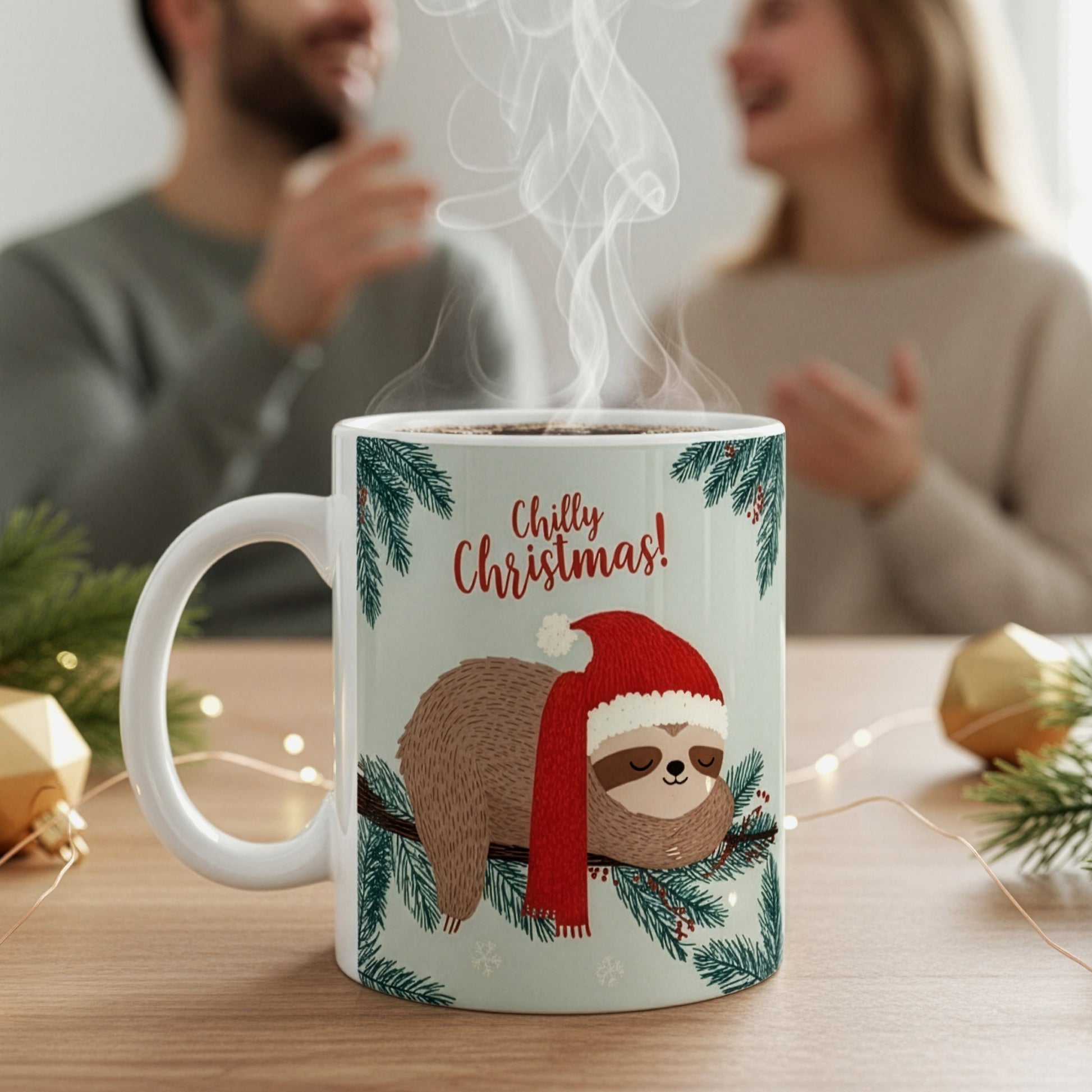 Tasse mit Faultiermotiv „Chilly Christmas!“ auf Tisch, im Hintergrund lachendes Paar in gemütlicher Weihnachtsatmosphäre.