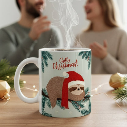 Tasse mit Faultiermotiv „Chilly Christmas!“ auf Tisch, im Hintergrund lachendes Paar in gemütlicher Weihnachtsatmosphäre.