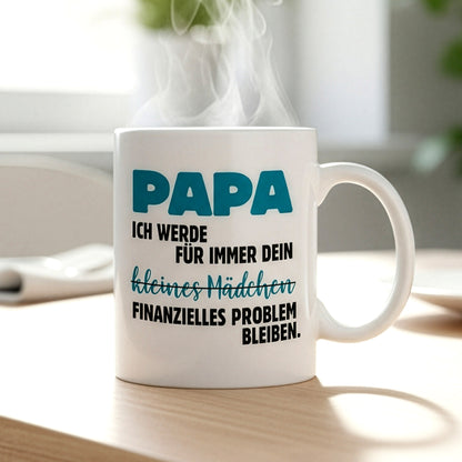 Lustige Papa Keramiktasse mit Spruch auf weißem Becher, präsentiert auf hellem Tisch mit aufsteigendem Dampf