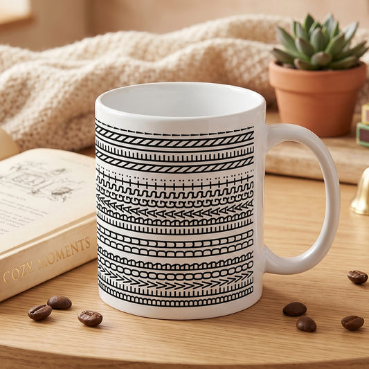 Weiße Tasse mit modernem Schwarz-Weiß-Muster auf Holztisch neben Pflanze und Kaffeebohnen