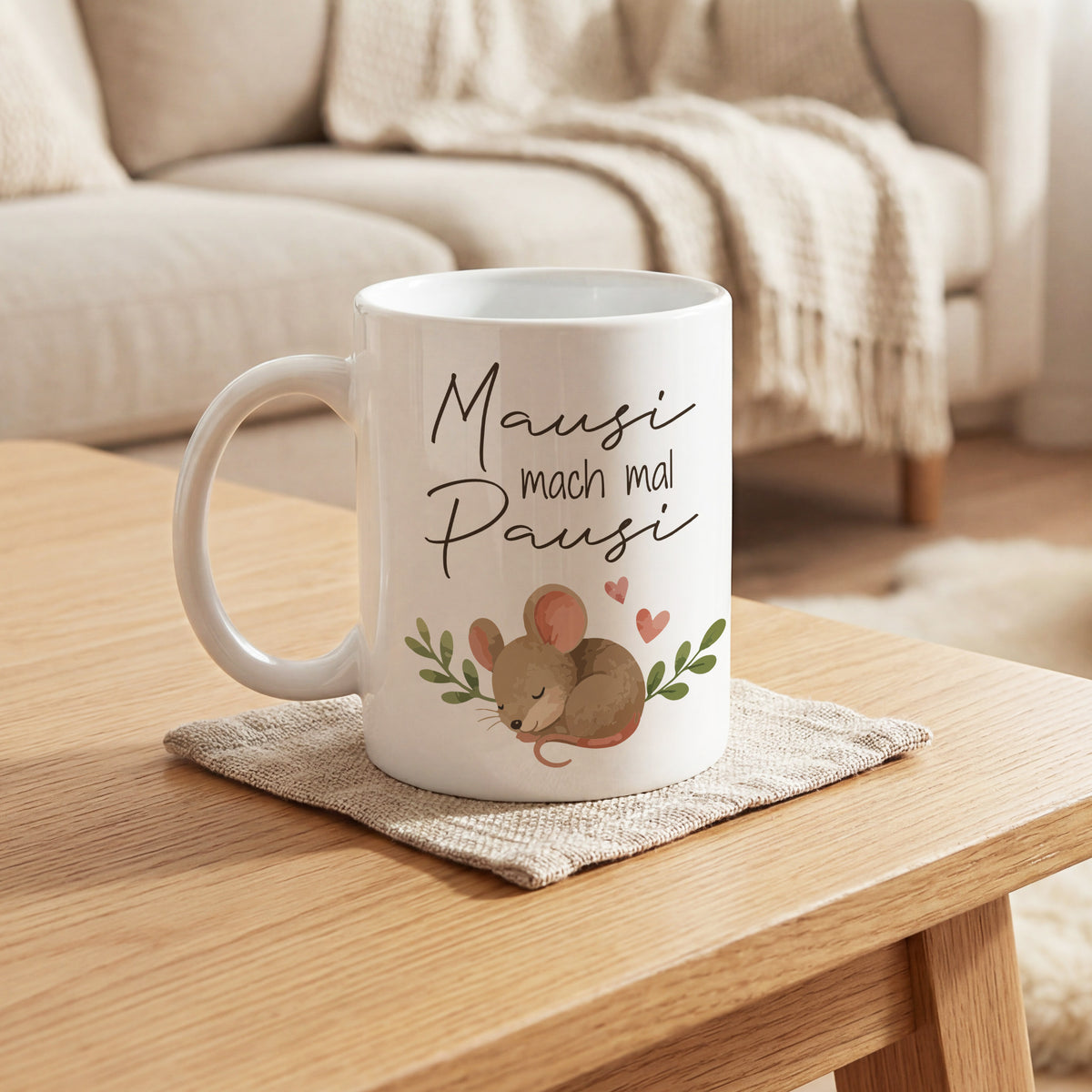 Lustige Tasse 'Mausi mach mal Pausi' mit Maus Motiv als Geschenk –