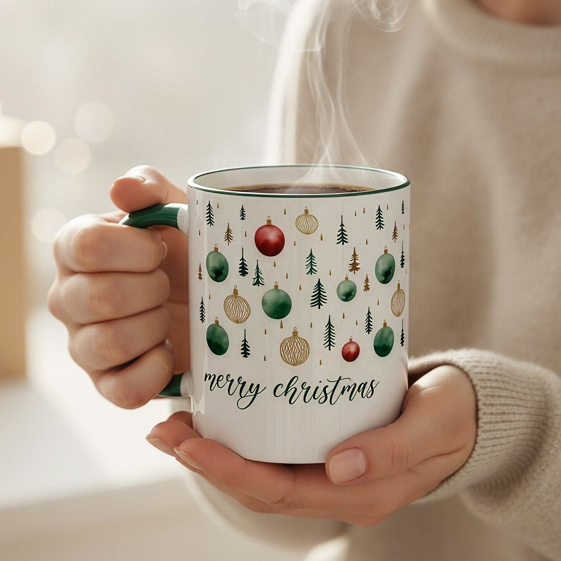 Person hält eine dampfende Weihnachtstasse mit Kugel- und Tannenmotiv sicher in beiden Händen, warme Lichtstimmung.