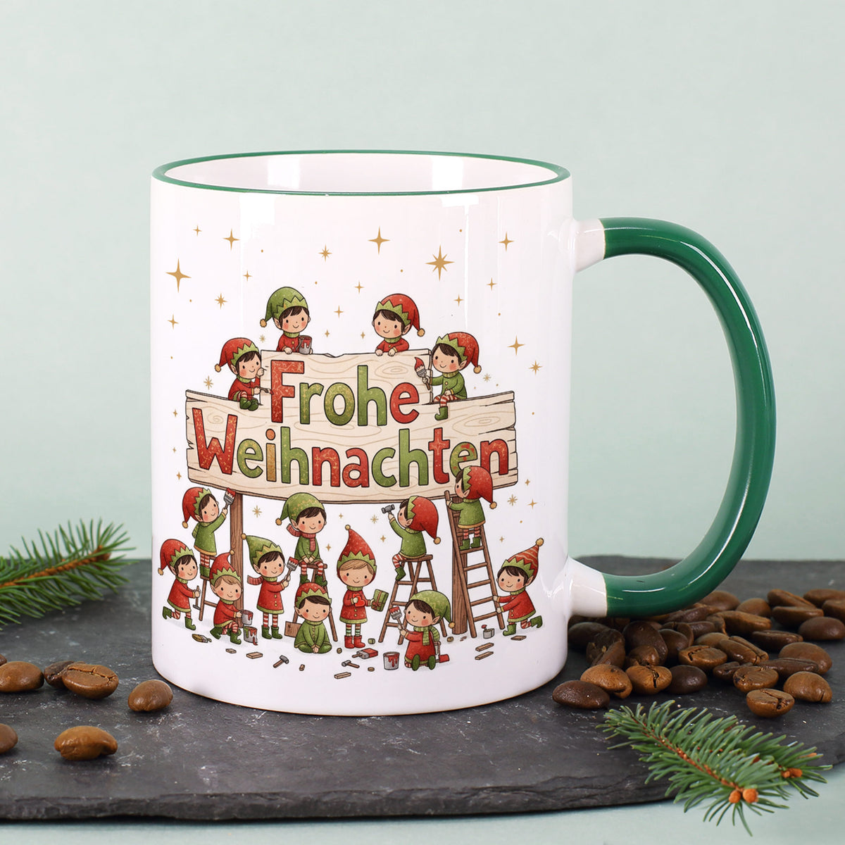 Weihnachtstasse mit Wichtel-Motiv 'Frohe Weihnachten' –