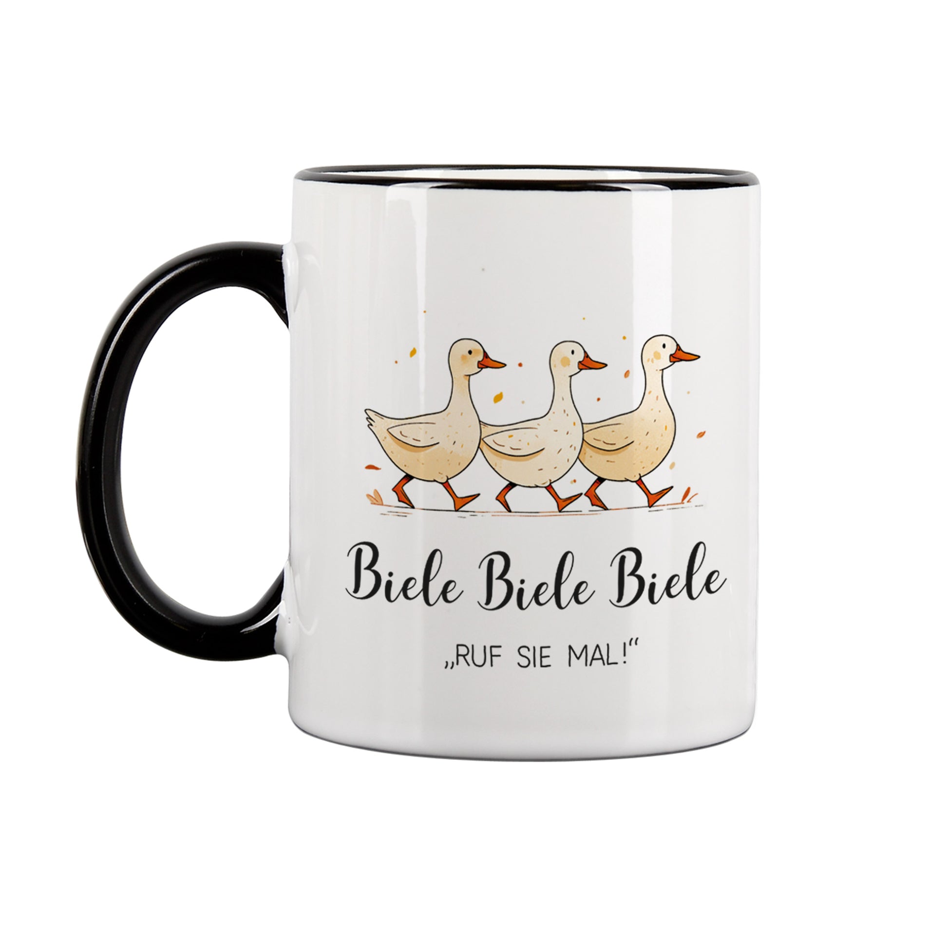 Keramiktasse mit drei Enten und Spruch „Biele Biele Biele – Ruf sie mal!“ freigestellt auf weißem Hintergrund – Vorderansicht.