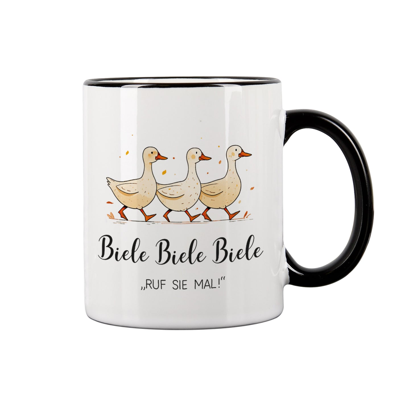 Nahaufnahme der weißen Tasse mit schwarzem Henkel, Motiv mit drei Enten und Spruch „Biele Biele Biele – Ruf sie mal!“.