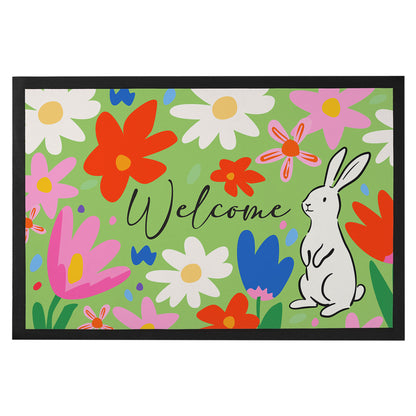 Bunte Frühlings Fußmatte mit Blumen, Hase und Welcome Schriftzug als Osterdekoration für den Eingangsbereich