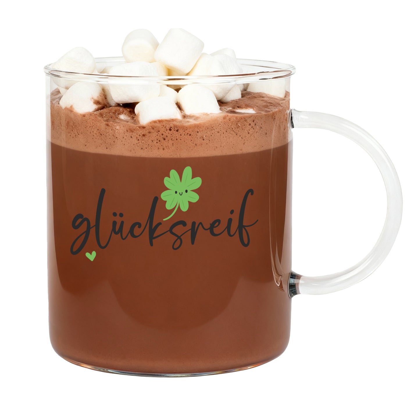 Freisteller des „glücksreif“-Teeglases gefüllt mit Kakao und Marshmallows