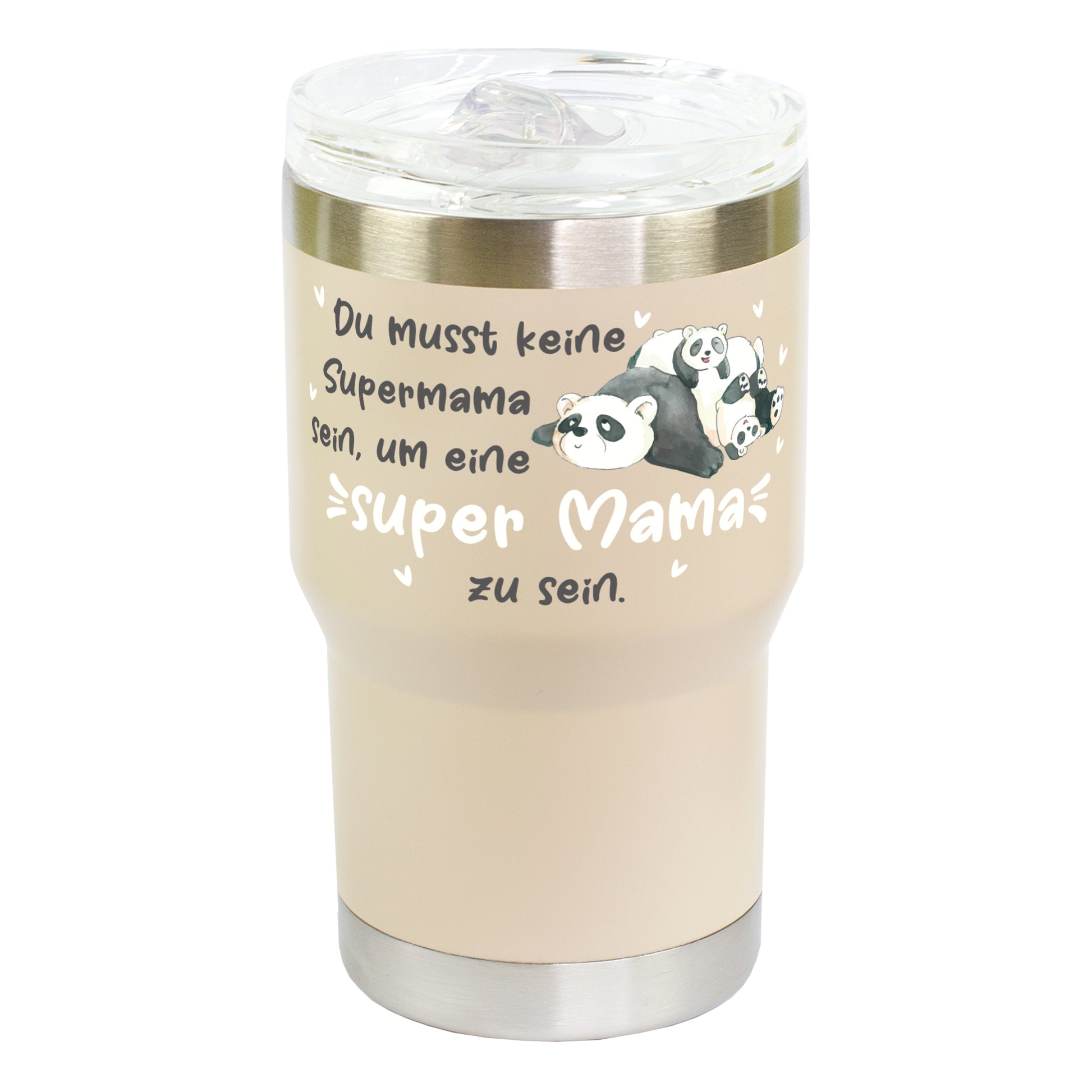Detailansicht Thermobecher beige mit Panda Design und Schriftzug Super Mama
