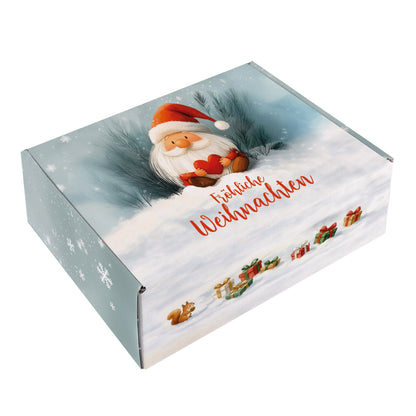 Geschenkbox Weihnachten mit Wichtelmotiv – geschlossene Box mit winterlichem Design und Geschenkpaketen