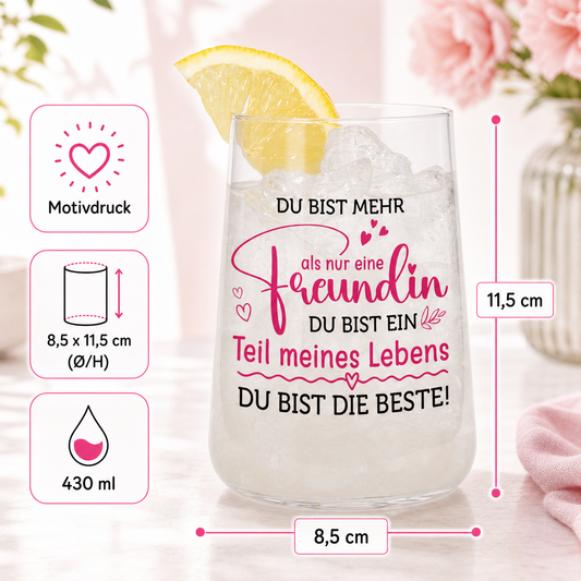 Produktinfo-Bild zum Trinkglas für die beste Freundin mit Motivdruck, 430 ml Fassungsvermögen und Maßen 8,5 x 11,5 cm
