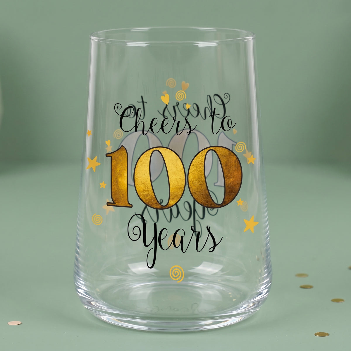 Trinkglas mit Aufdruck 'Cheers' zum 100. Geburtstag