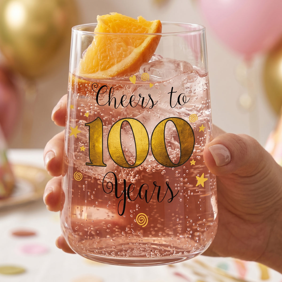 Trinkglas mit Aufdruck 'Cheers' zum 100. Geburtstag