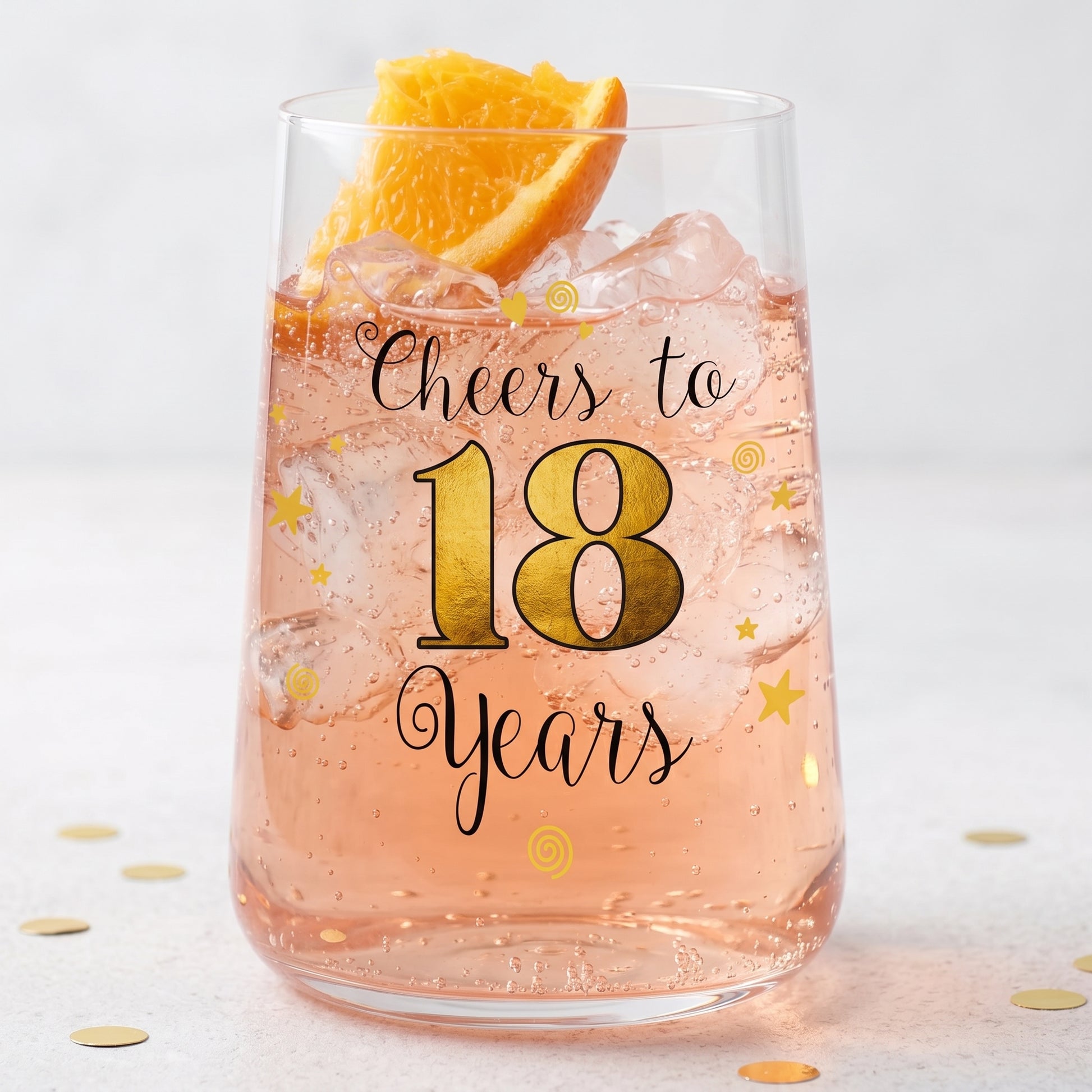 Festliches Glas mit Cheers to 18 Years Aufdruck, orangefarbener Garnitur und Partydekoration