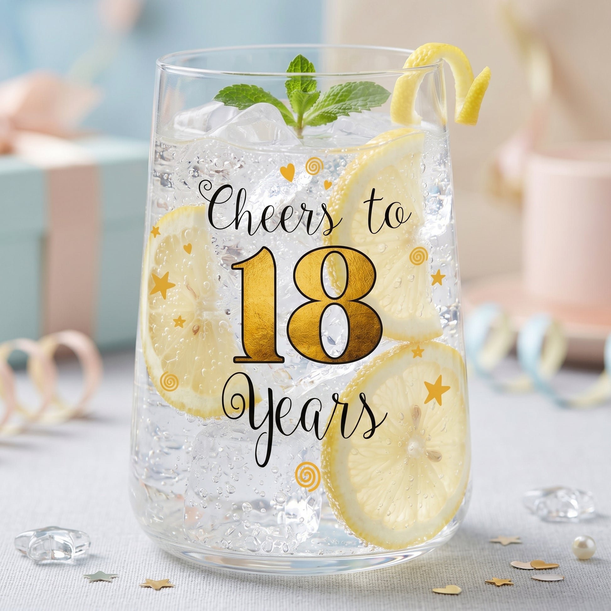 Wasserglas zum 18. Geburtstag mit Zitronenscheiben, Eiswürfeln und festlichem Aufdruck