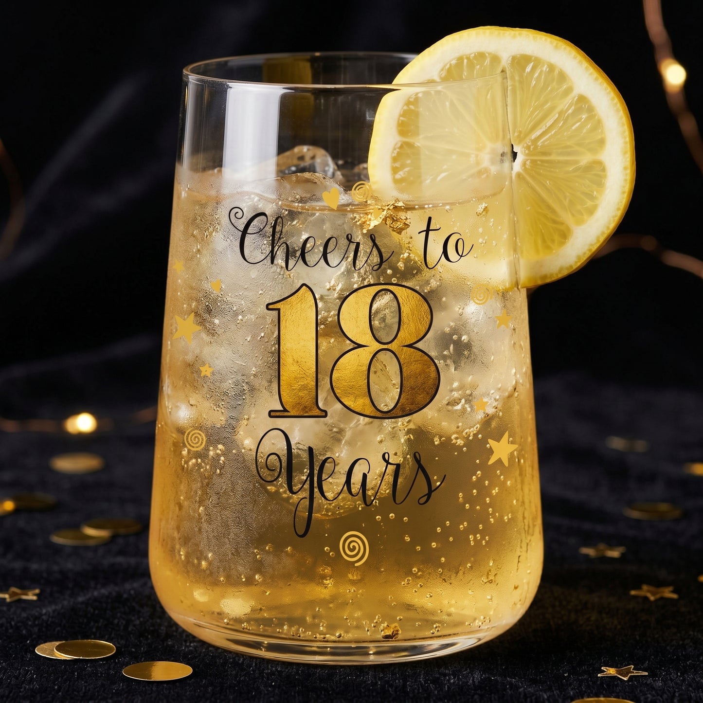 Trinkglas mit Cheers to 18 Years Design, Zitronenscheibe und goldenem Getränk auf dunklem Hintergrund