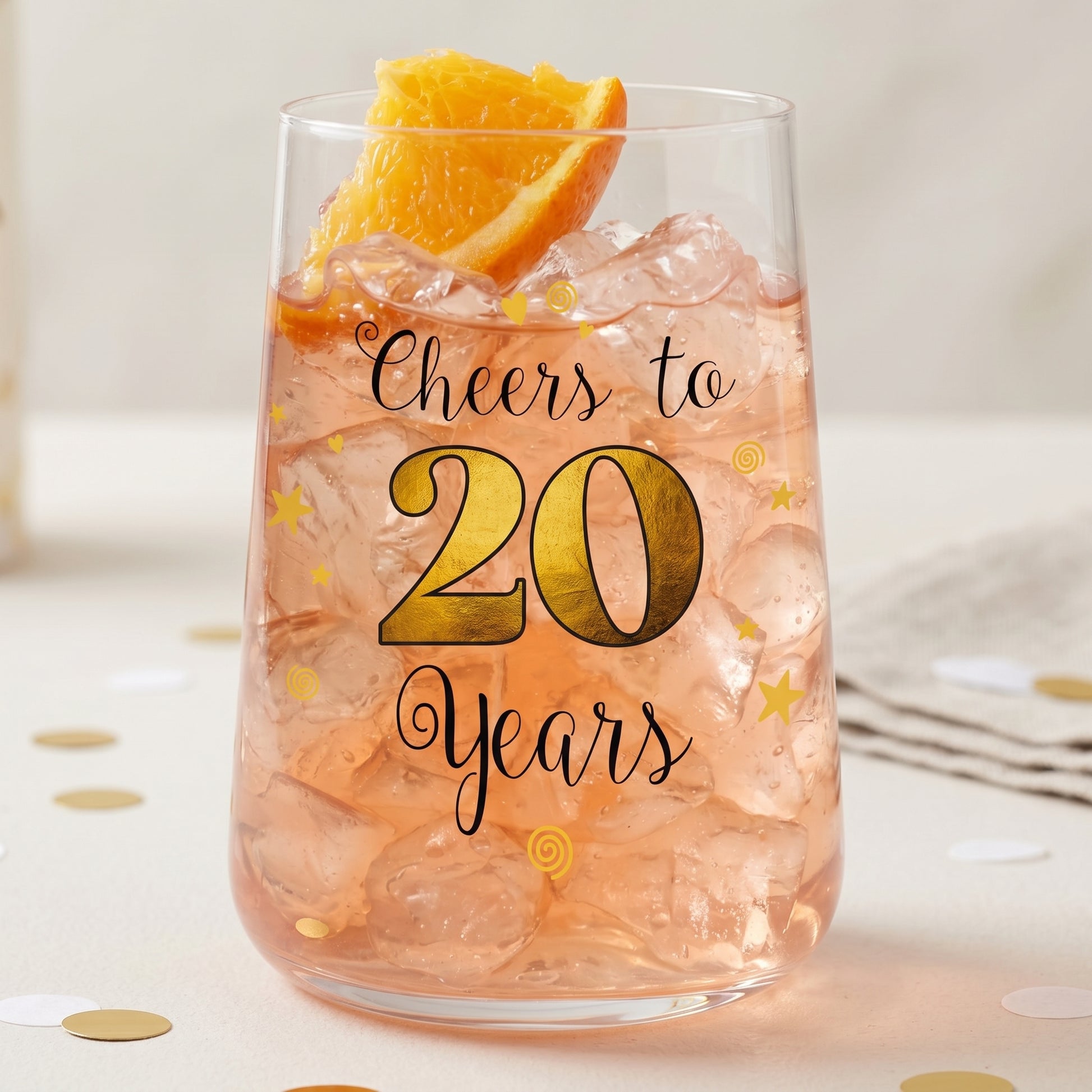 Cocktailglas zum 20. Geburtstag mit orangefarbenem Getränk, Orangenscheibe und Cheers to 20 Years Design