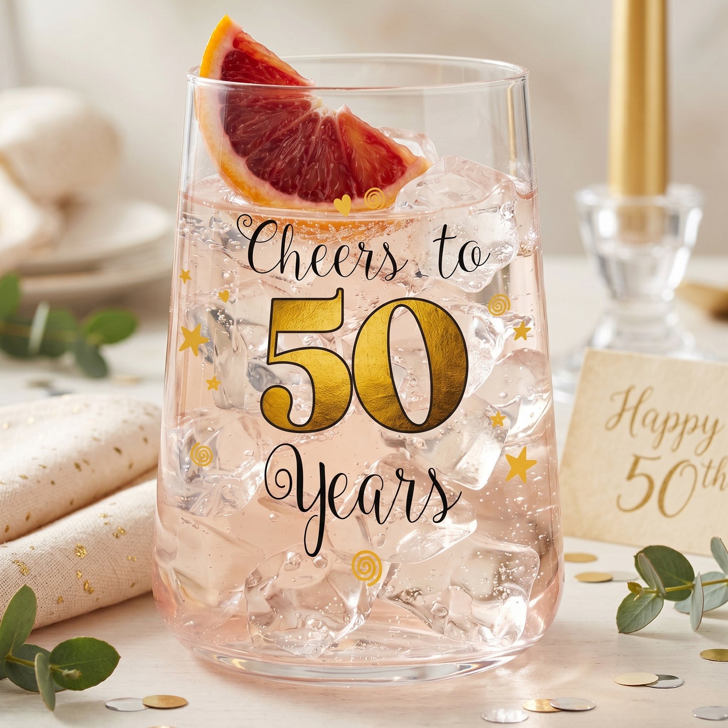 Cocktailglas mit Cheers to 50 Years Design, rosa Getränk und Blutorangenscheibe