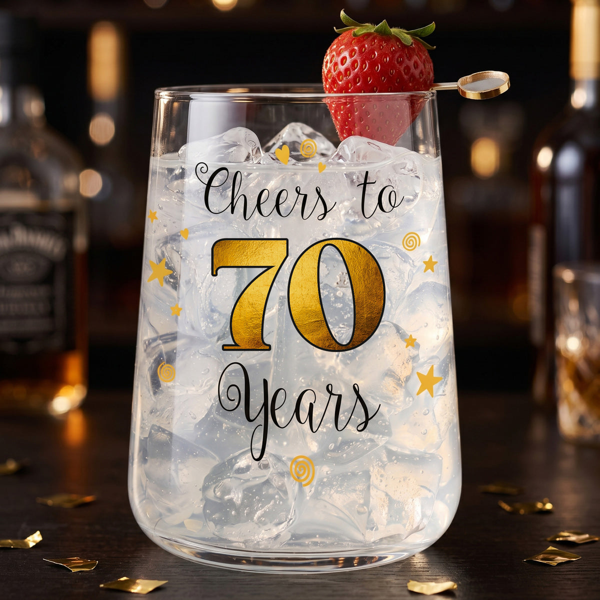Trinkglas mit Aufdruck 'Cheers' zum 70. Geburtstag