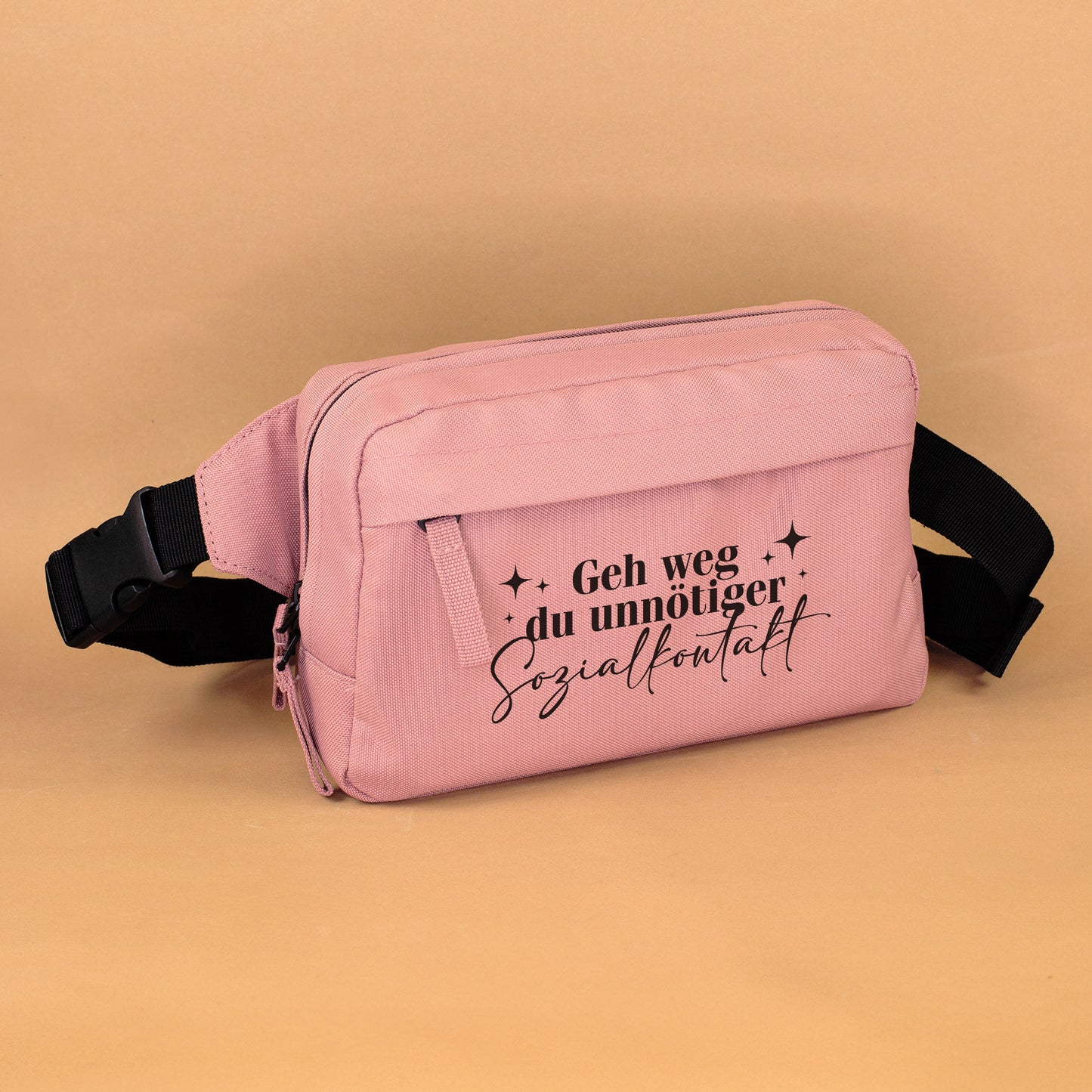 Rosa Bauchtasche mit schwarzem Spruch Geh weg du unnötiger Sozialkontakt 