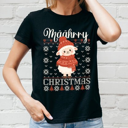 Damen Shirt mit niedlichem Schaf und weihnachtlichem Strickmuster als Weihnachtsgeschenk