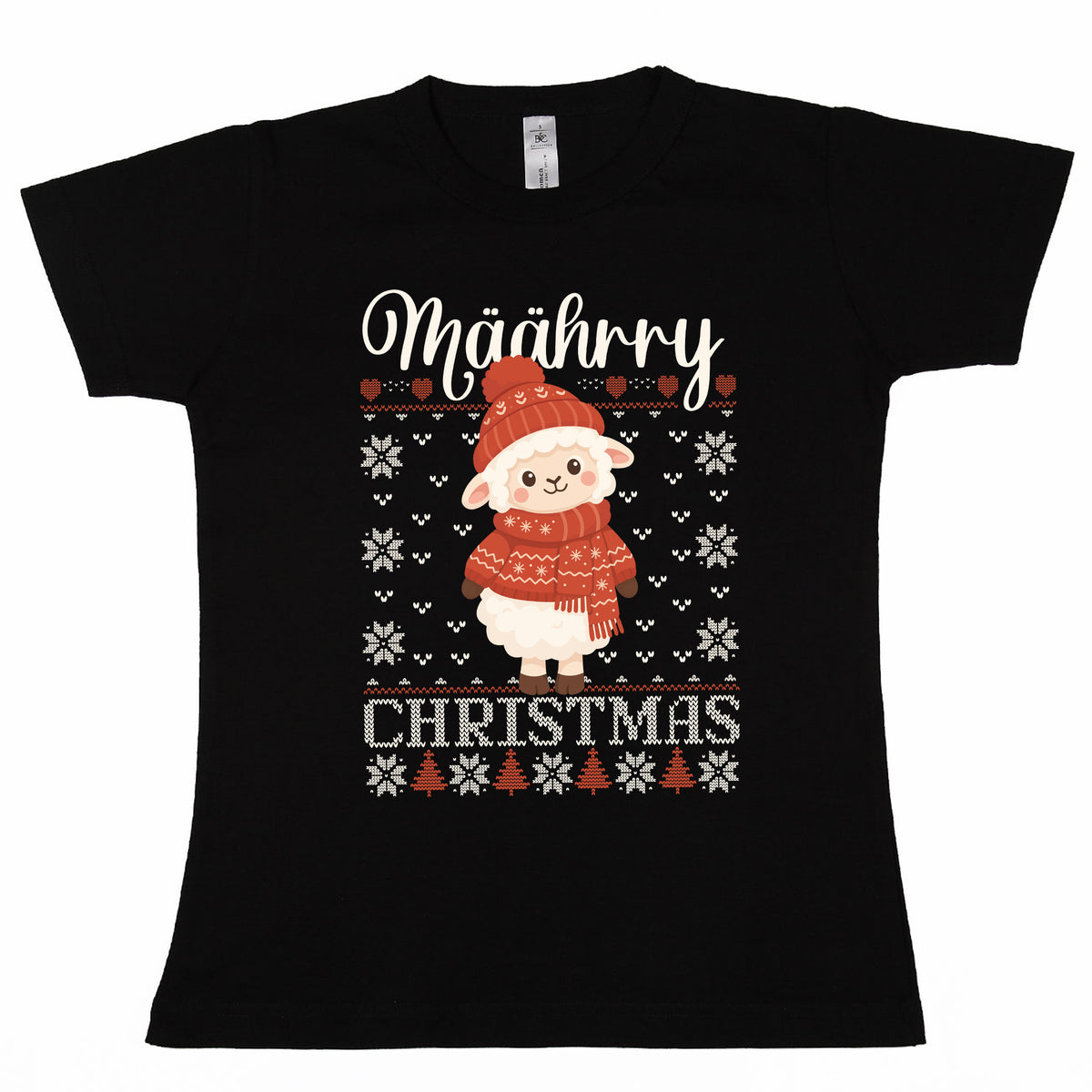 Schwarzes Damen Weihnachts T-Shirt mit Määähry Christmas Schaf Motiv auf weißem Hintergrund