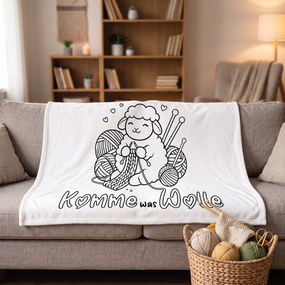 Kuscheldecke Komme was Wolle mit Schaf, Wollknäueln und Stricknadeln auf dem Sofa
