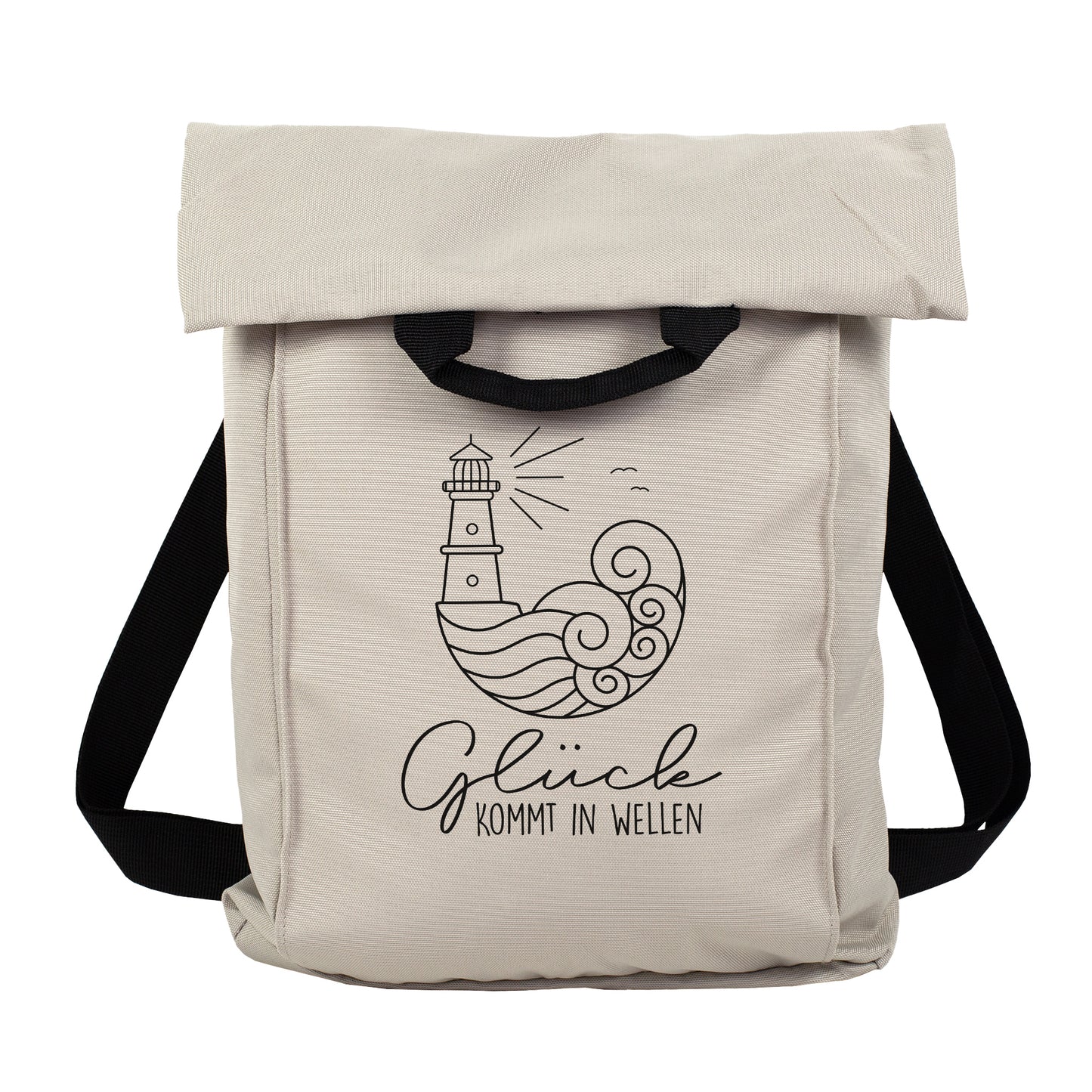 Beiger leichter Rucksack mit Rollverschluss, Schultergurt und maritimem Leuchtturm Motiv freigestellt