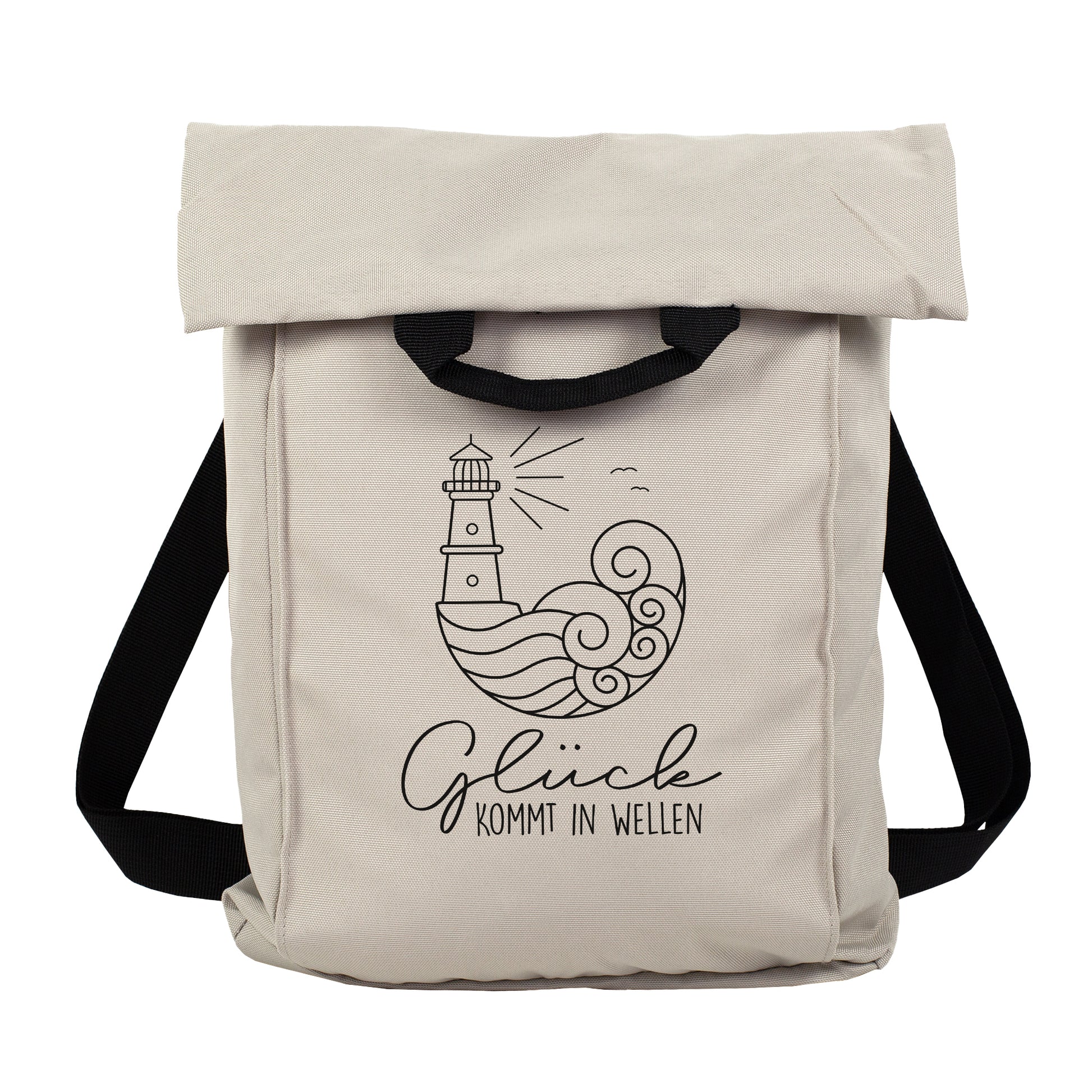 Beiger leichter Rucksack mit Rollverschluss, Schultergurt und maritimem Leuchtturm Motiv freigestellt