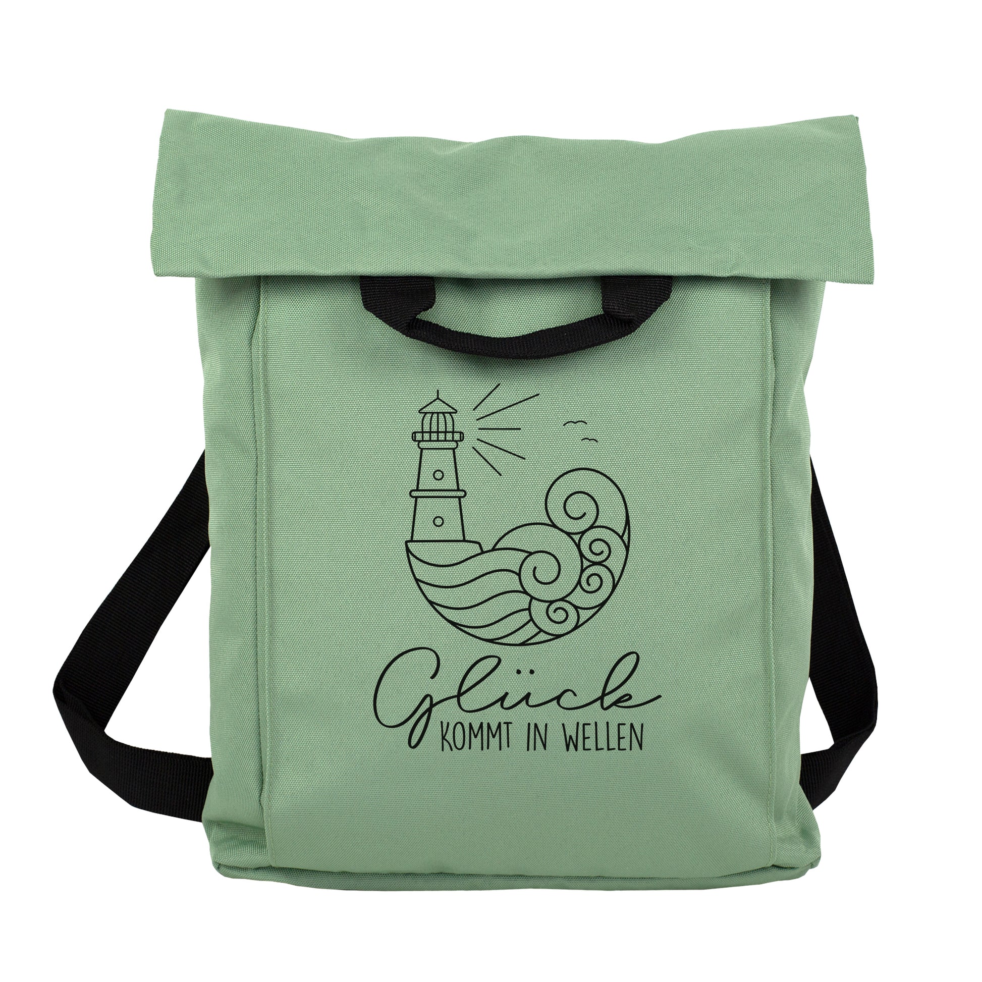 Jadegrüner Rucksack mit Leuchtturm und Wellen Motiv, schwarzem Schultergurt und Rolltop Verschluss