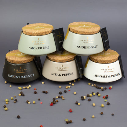 5 Sorten Greenomic Premium Gewürzmischungen im handgefertigten Tontopf mit Korkdeckel