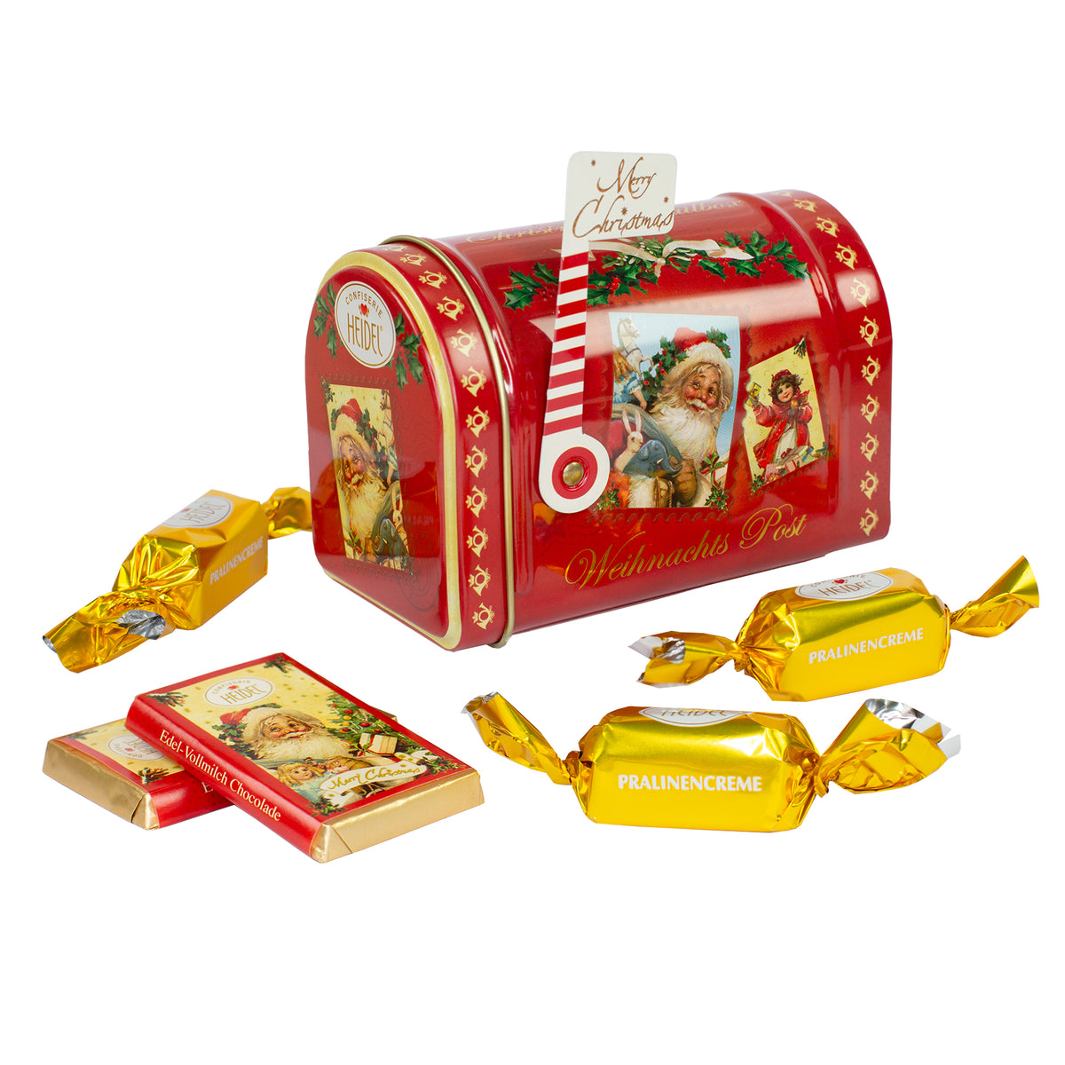 Heidel Weihnachts-Mailbox mit 7 Pralinen und 2 Täfelchen Vollmilchschokolade