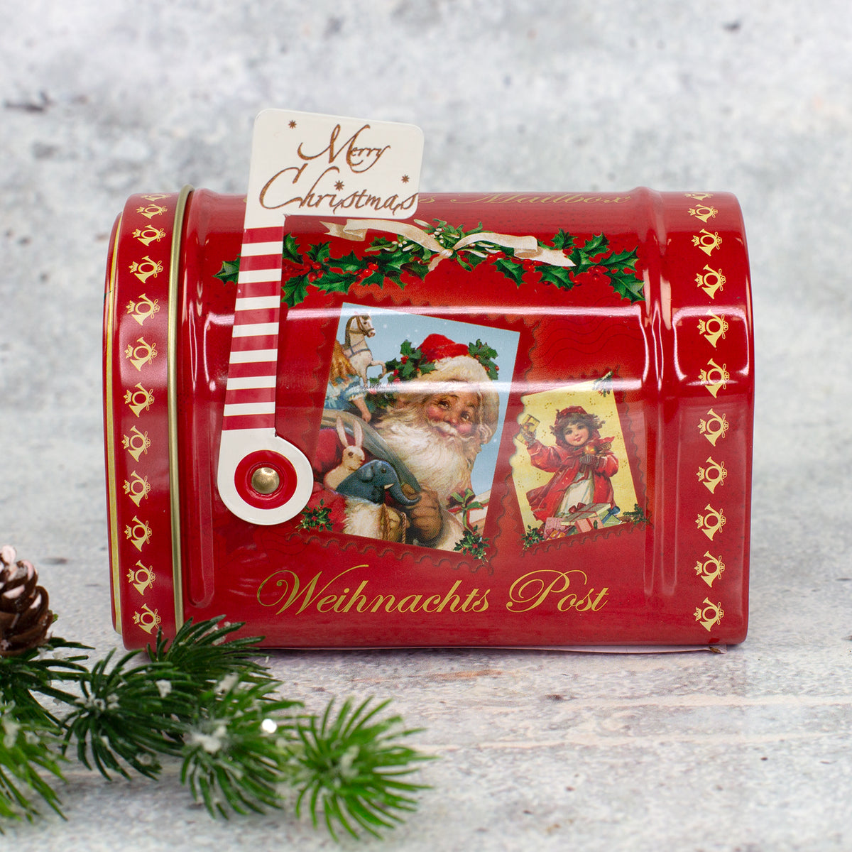 Heidel Weihnachts-Mailbox mit nostalgischem Weihnachtsmotiv und Merry Christmas Fähnchen