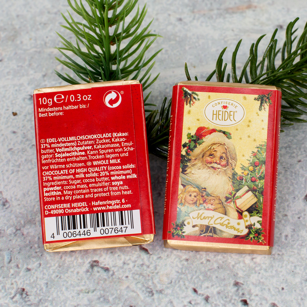 Edel-Vollmilchschokolade von Heidel mit Weihnachtsmann Motiv und Zutatenangaben