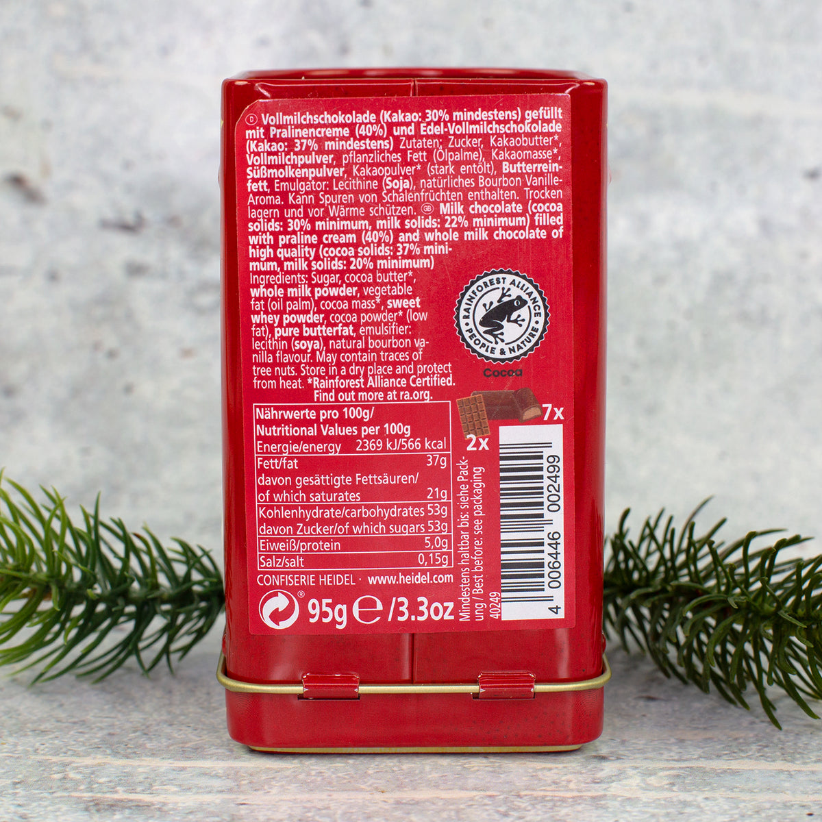 Rückseite der Heidel Weihnachts-Mailbox mit Zutaten und Nährwertangaben