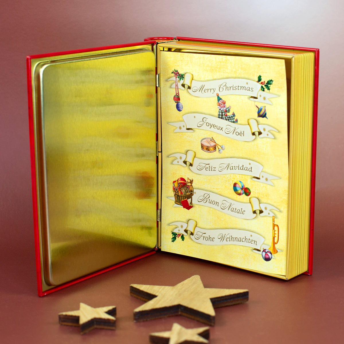Weihnachtsgrußkarte im Heidel Schokoladenbuch mit Weihnachtsgrüßen in mehreren Sprachen
