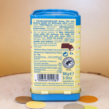 Zutaten und Nährwertangaben der 86 g Vollmilchschokolade mit Milchcremefüllung
