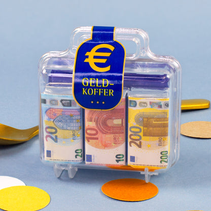 Euro Köfferchen mit Schokolade in Geldschein Optik als originelles Geldgeschenk