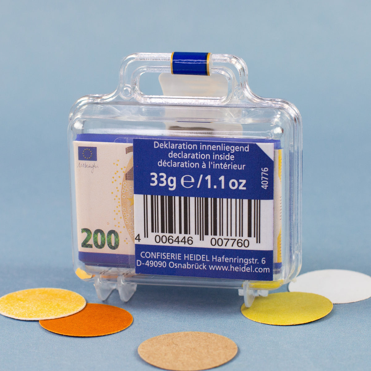 Rückseite des Euro Köfferchens mit 33 g Schokolade und Herstellerangaben