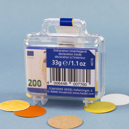 Rückseite des Euro Köfferchens mit 33 g Schokolade und Herstellerangaben