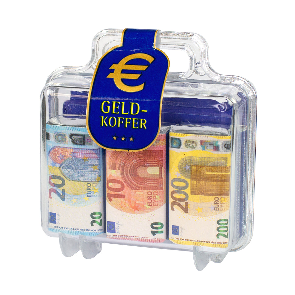 Euro Köfferchen mit 33 g Schokolade in Geldschein Optik auf weißem Hintergrund