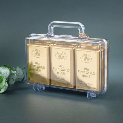 Transparenter Gold Koffer mit Schokolade in Goldbarren-Optik