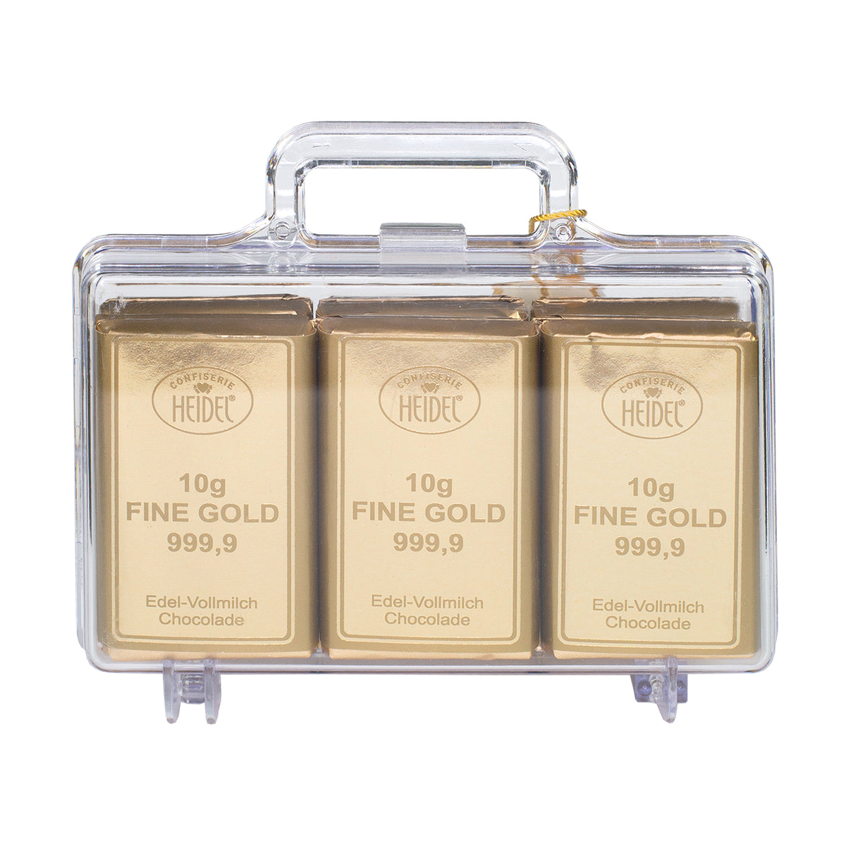 Großer transparenter Gold Koffer mit 120 g Schokolade frontal