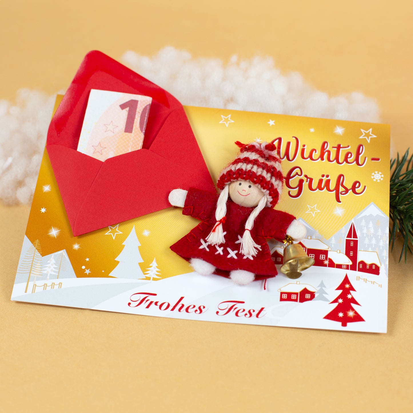 Wichtelkarte in Gold als Geldgeschenk | Weihnachtskarte