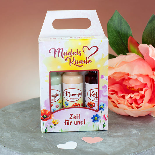 Likör Geschenkset „Mädelsrunde“ in Geschenkbox mit Tragegriff und Blumenmotiv