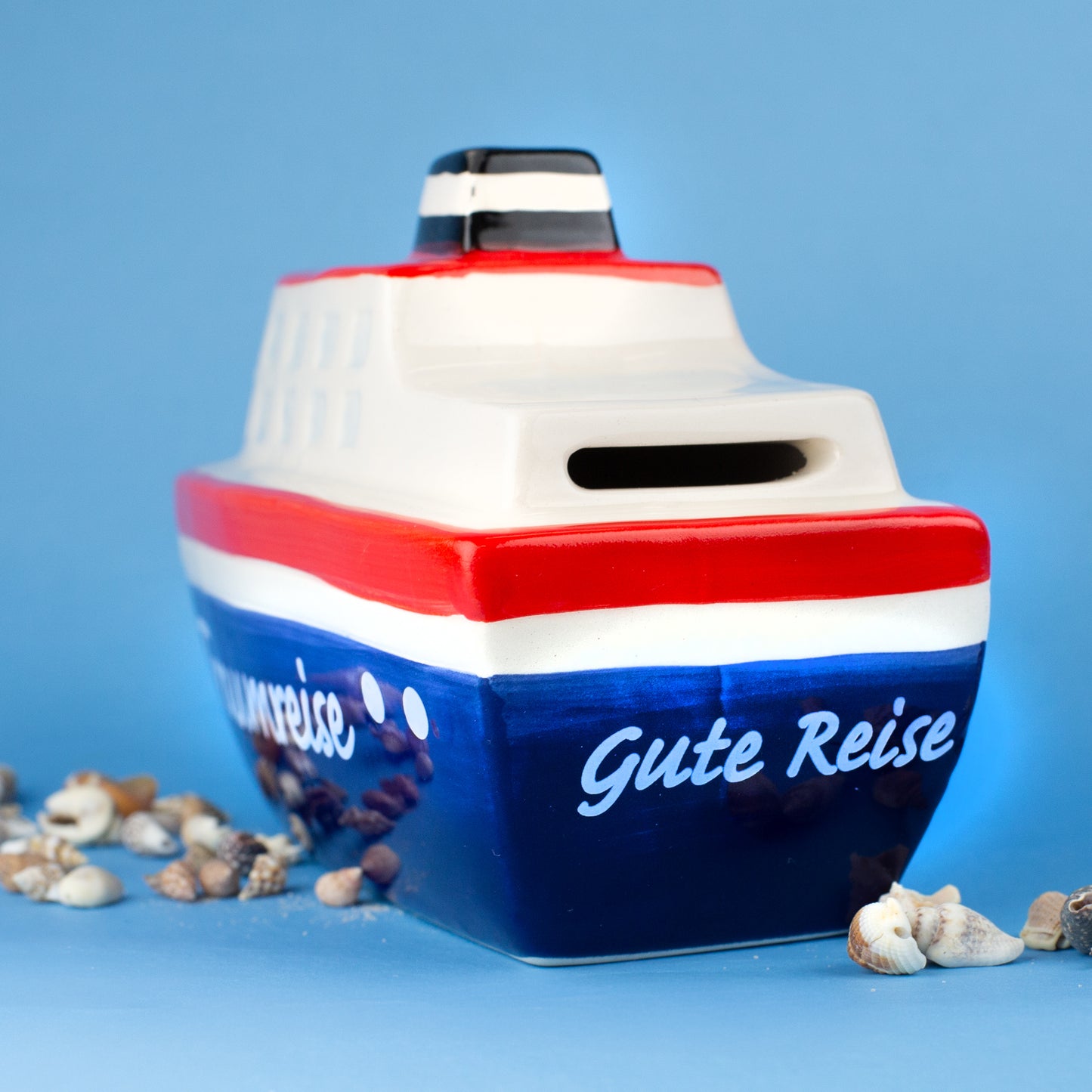 Rückseite der Schiff Spardose mit Schlitz für Geldscheine