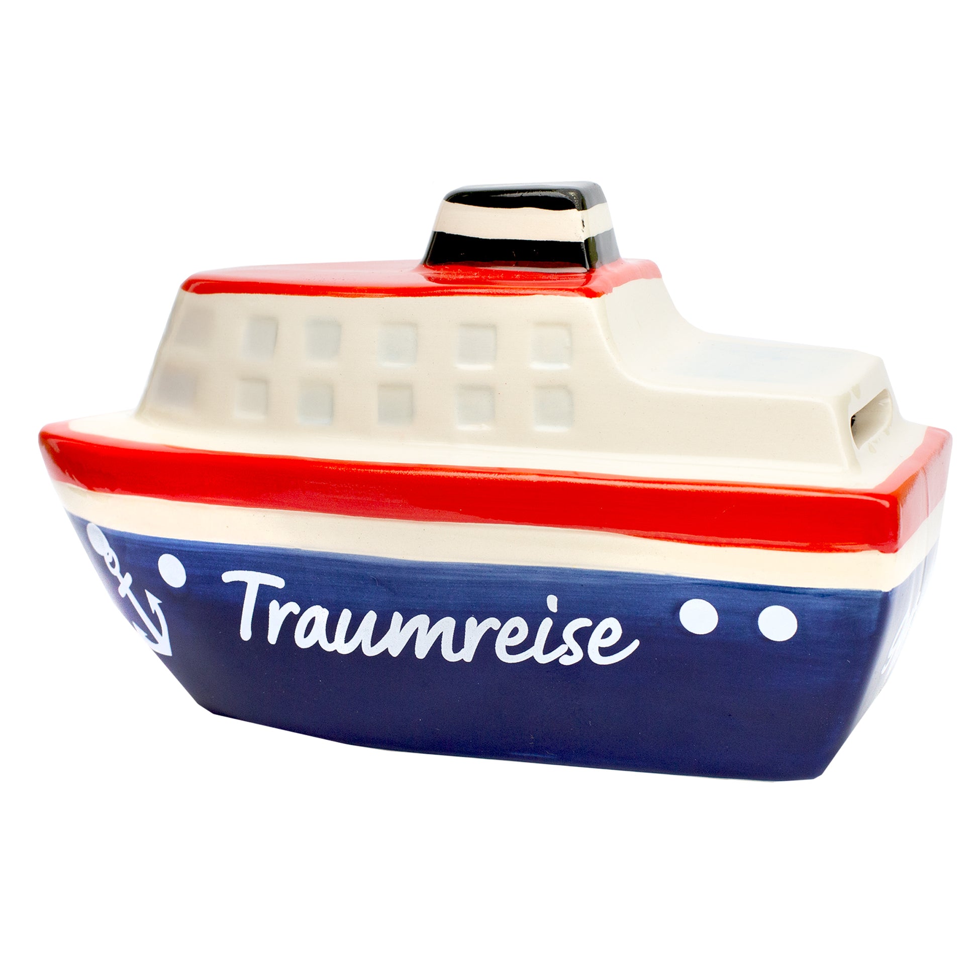 Keramik-Spardose in Form eines Kreuzfahrtschiffs mit Aufschrift Traumreise