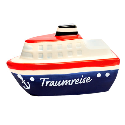 Schiff-Spardose aus Keramik in den Farben Rot, Weiß und Blau mit Anker-Motiv