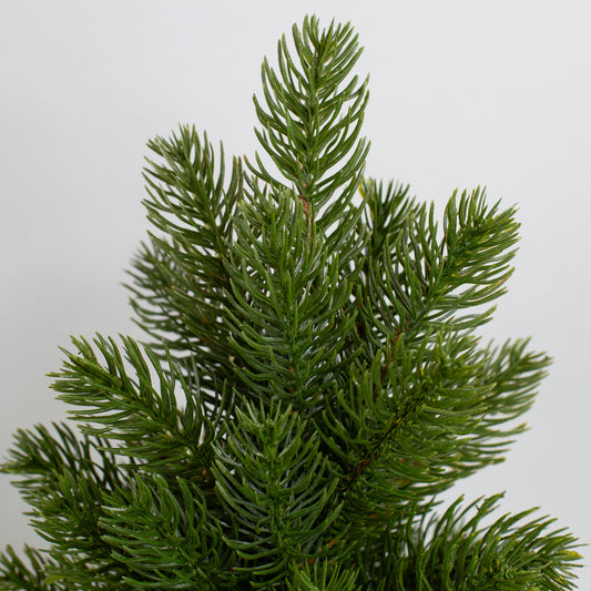 Detailaufnahme der naturgetreuen Tannenzweige des künstlichen Weihnachtsbaums